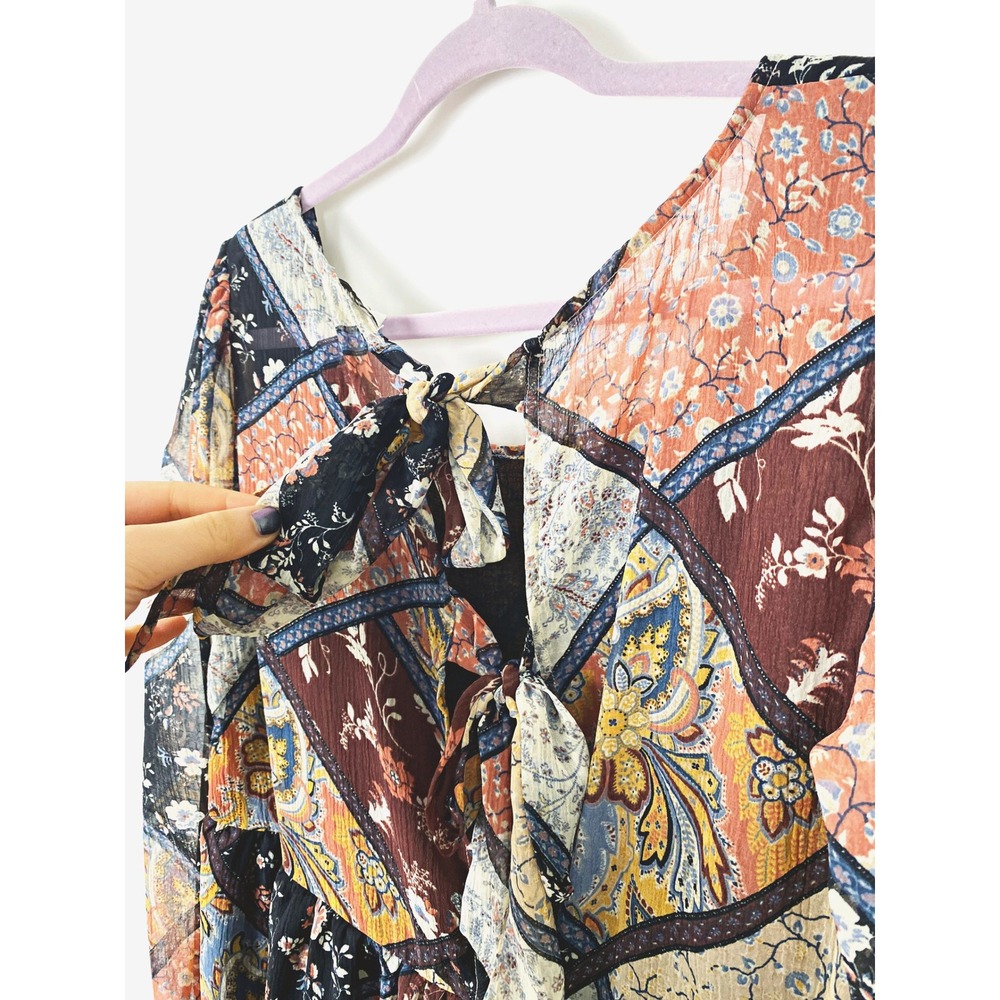 AEO Patchwork Floral Paisley Boho Peplum Blouse Tie Back Medium - Picture 6 of 9